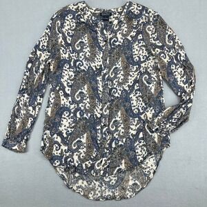 Lucky Brand Womens Blue Brown Paisley Rayon Long Sleeve‎ Button Up Top Small